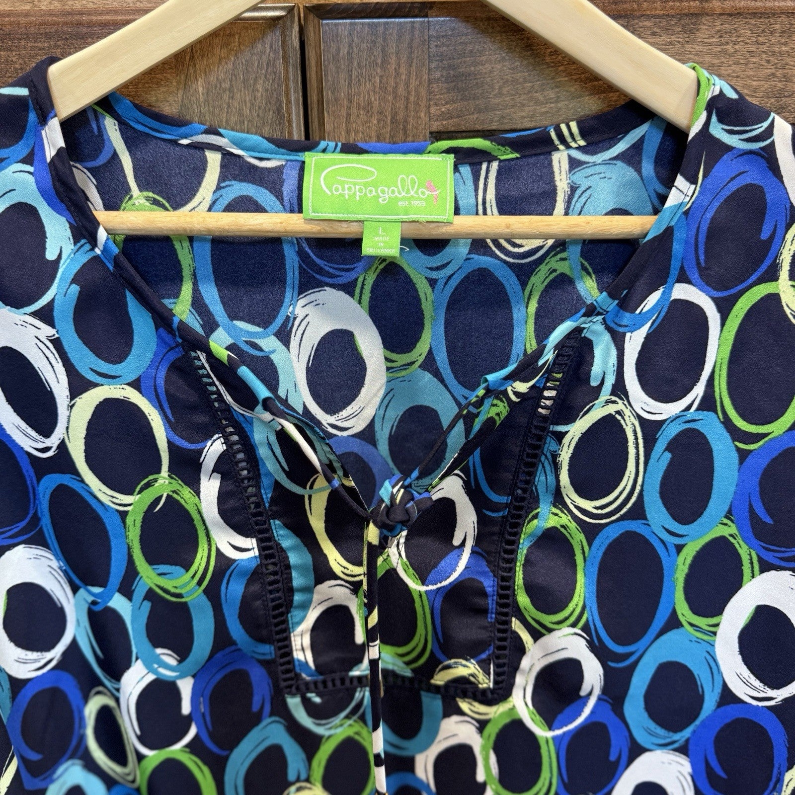 Pappagallo Boho Blouse Women’s Size L Colorful Circle Print Tie Neck 