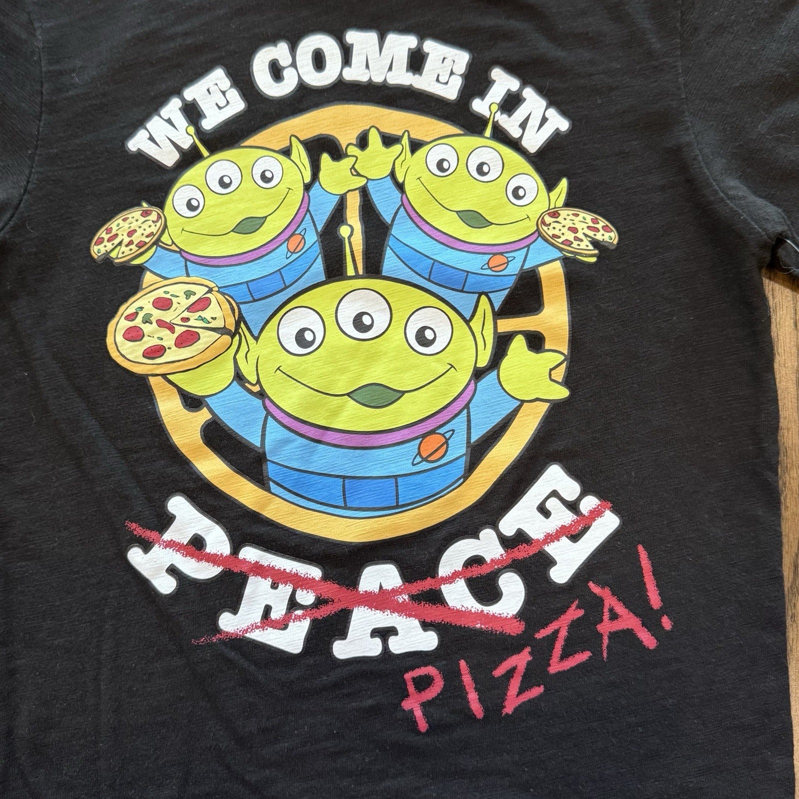 Disney Pixar Toy Story Alien Pizza Shirt Kids Size M (8) Black Graphic Tee