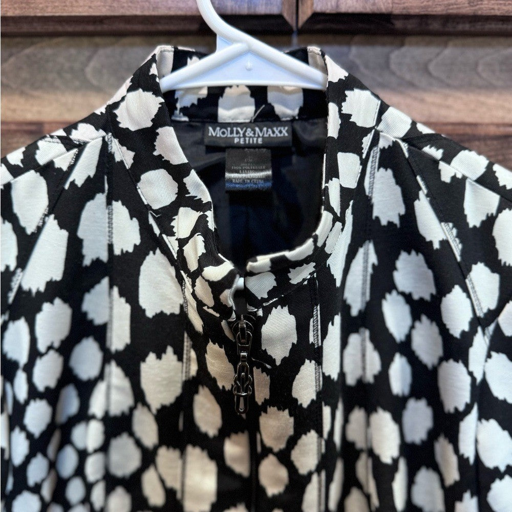 Molly & Maxx Black and White Zip Up Jacket Blazer Size Petite Medium Lined Dots