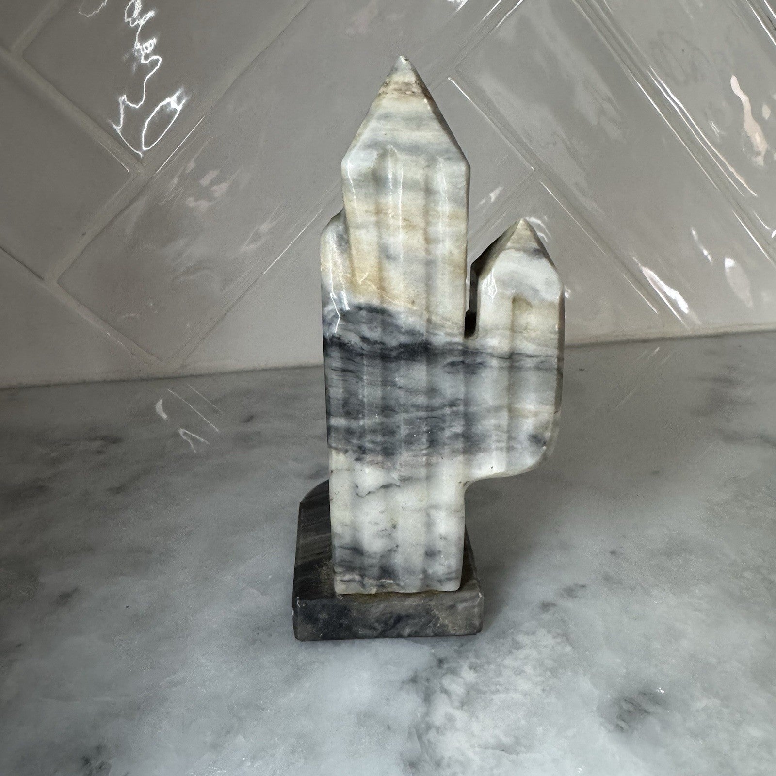 Vintage Marble Stone Obelisk Bookend Gray White Natural Stone Decor 7.5”