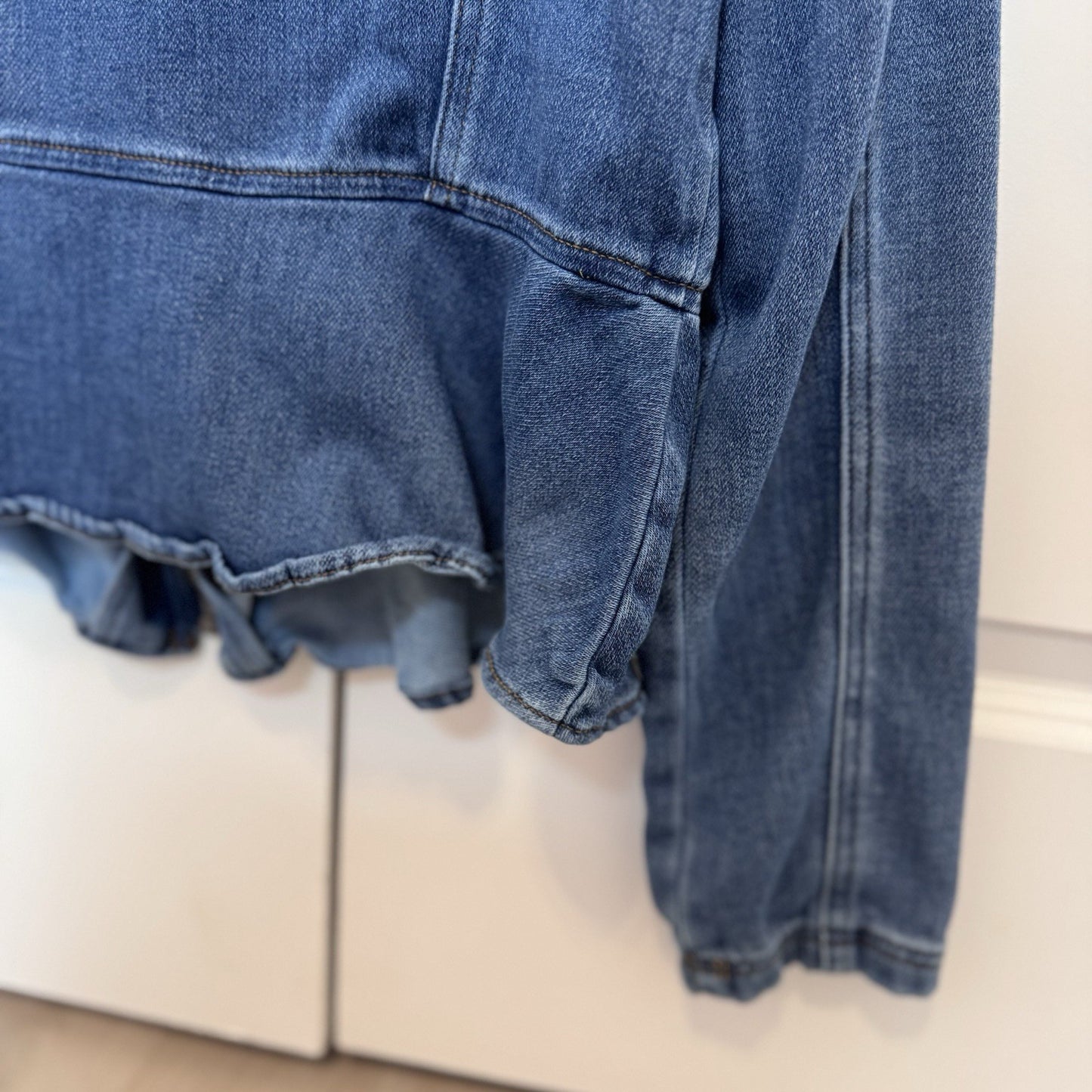 WHBM Womens Denim Zip Front Jacket Size 12 Blue Stretch Jean Jacket 