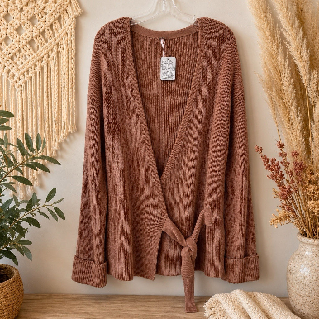 Free People Wrap Sweater Cardigan Small Brown Cotton Tie Waist Boho NWT Womens
