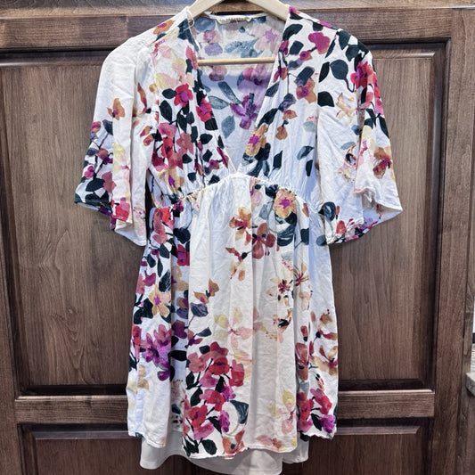 Lovestitch Women’s Floral Empire Waist Tunic Top Size Small White Multi 