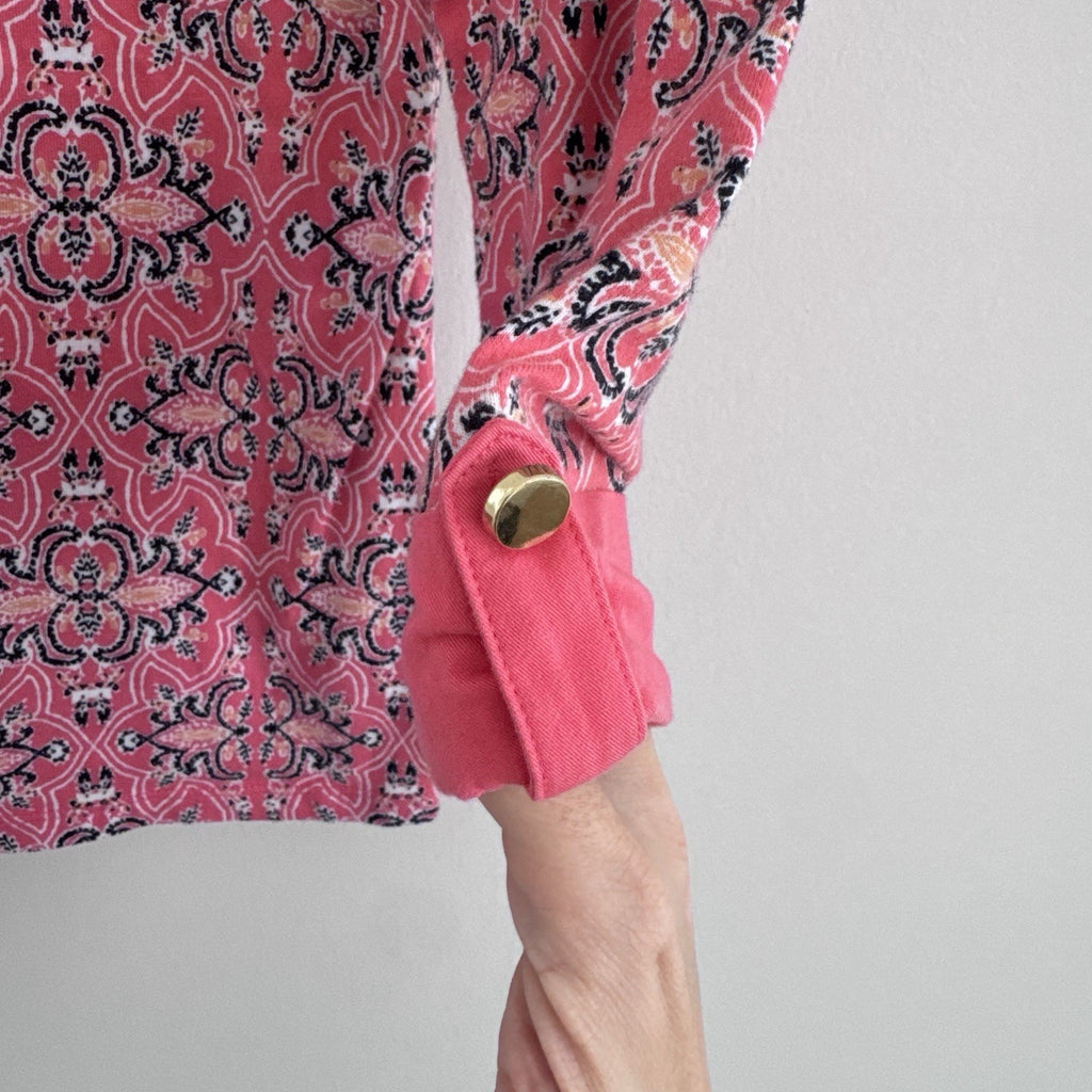 Charter Club Pima Cotton Pink Paisley Blouse M Roll Tab Sleeve