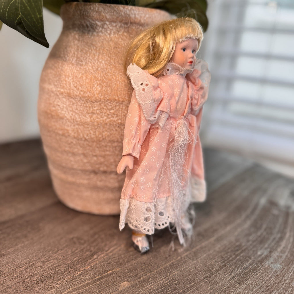 Vintage Porcelain Doll Blonde Blue Eyes Pink Floral Dress Lace Trim 8" Taiwan