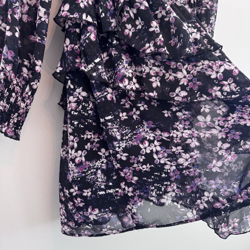 EST. 1946 Women’s Floral Smocked Ruffle Dress Black Purple Size S Lined CATOS