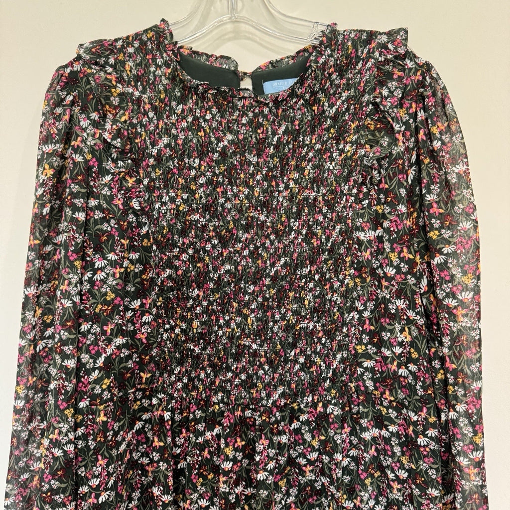 Draper James RSVP XL Dress Floral Smocked Metallic Tiered Long Sleeve Chiffon