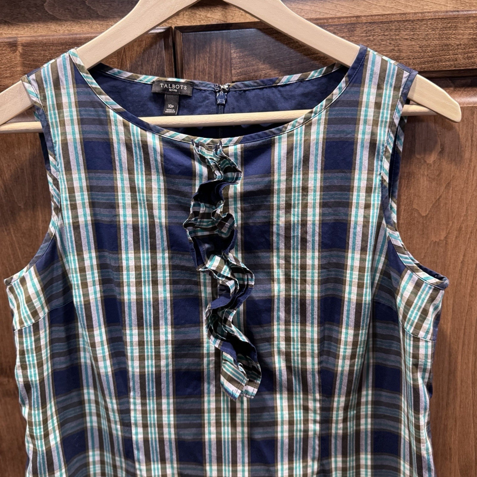 Talbots Petites 10P Sleeveless Plaid Dress Ruffle Front Blue Green 