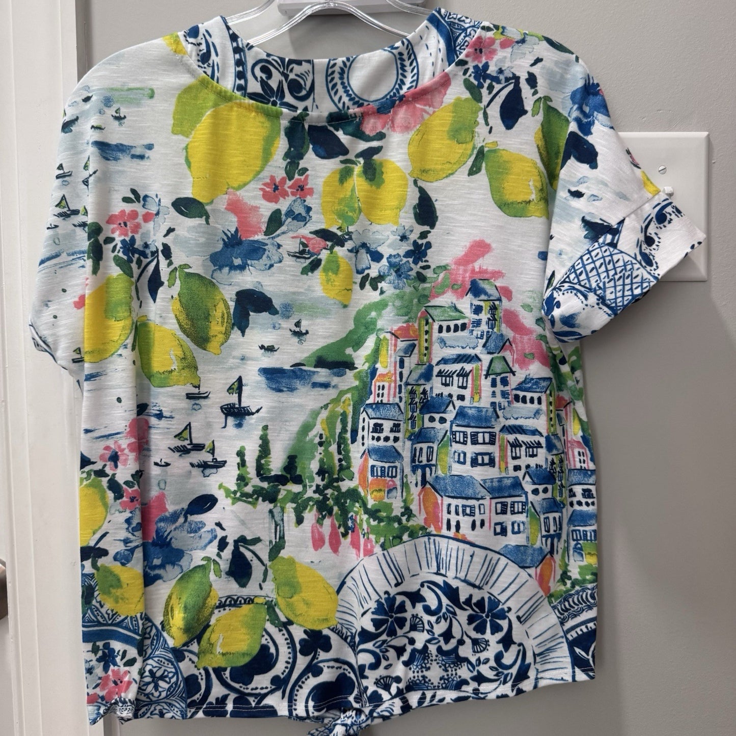 Onque Casual Lemon Village Print Tie Front Blouse Top Small S RN#129494