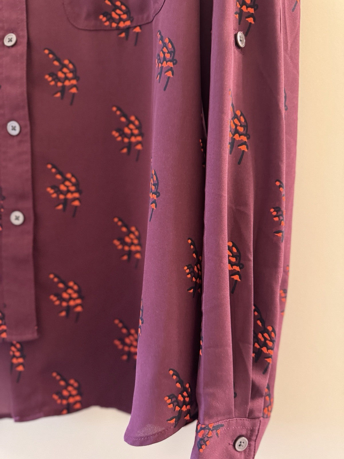 LOFT Women’s Burgundy Button Front Blouse Floral Print Long Sleeve Sz M