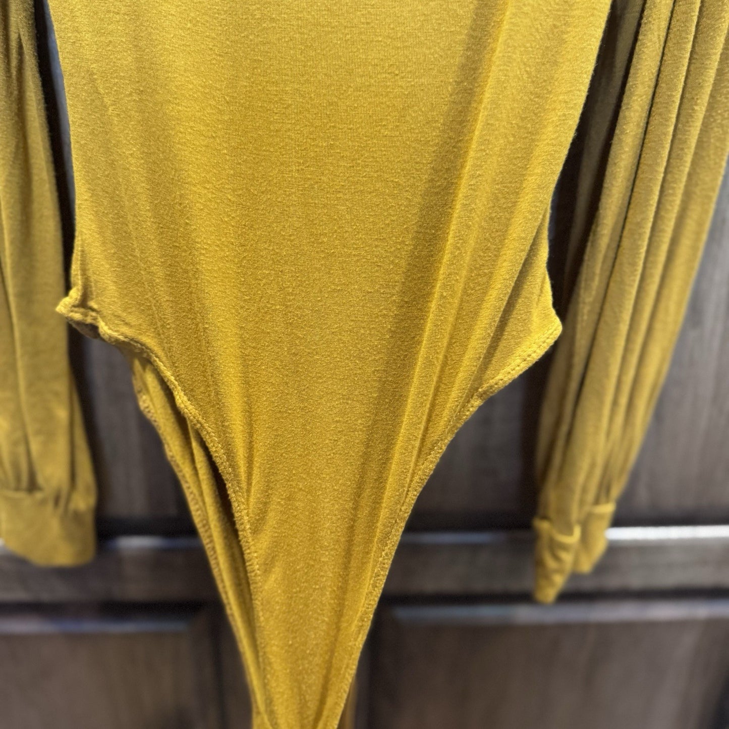 Peach Love California Mustard Yellow Long Sleeve Bodysuit V-Neck Puff Sleeve Sm