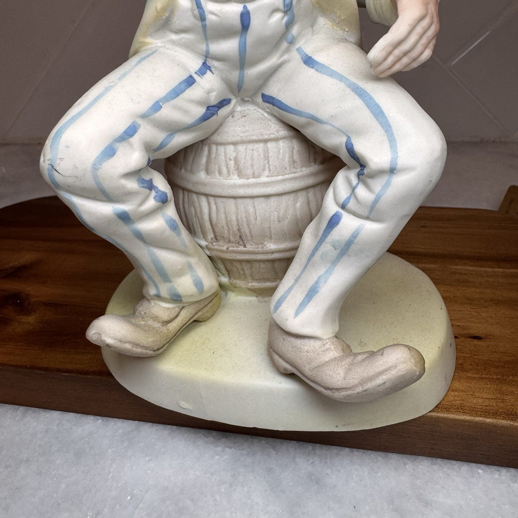 Vintage Bisque Porcelain Hobo Clown Figurine - Sitting on Barrel