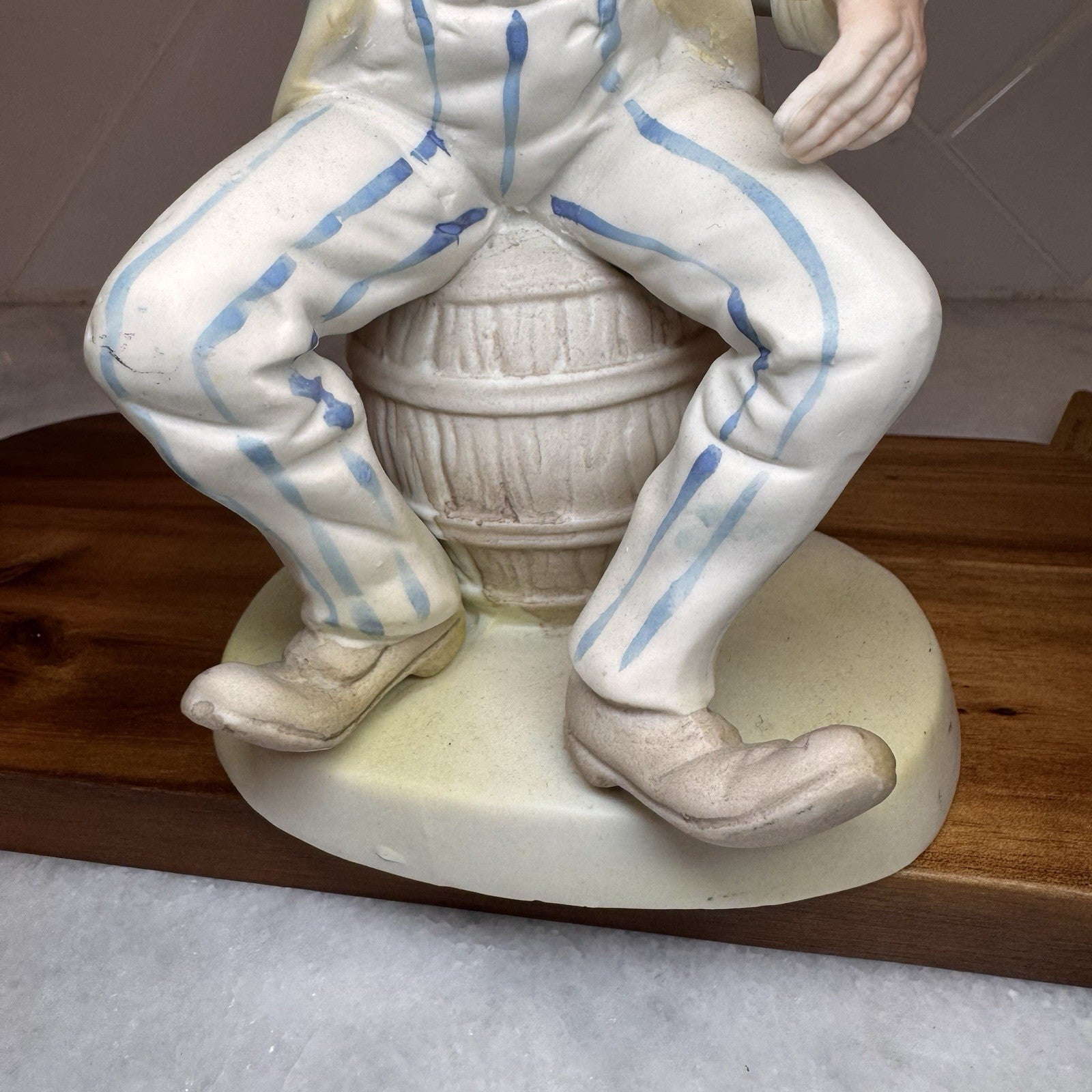 Vintage Bisque Porcelain Hobo Clown Figurine - Sitting on Barrel