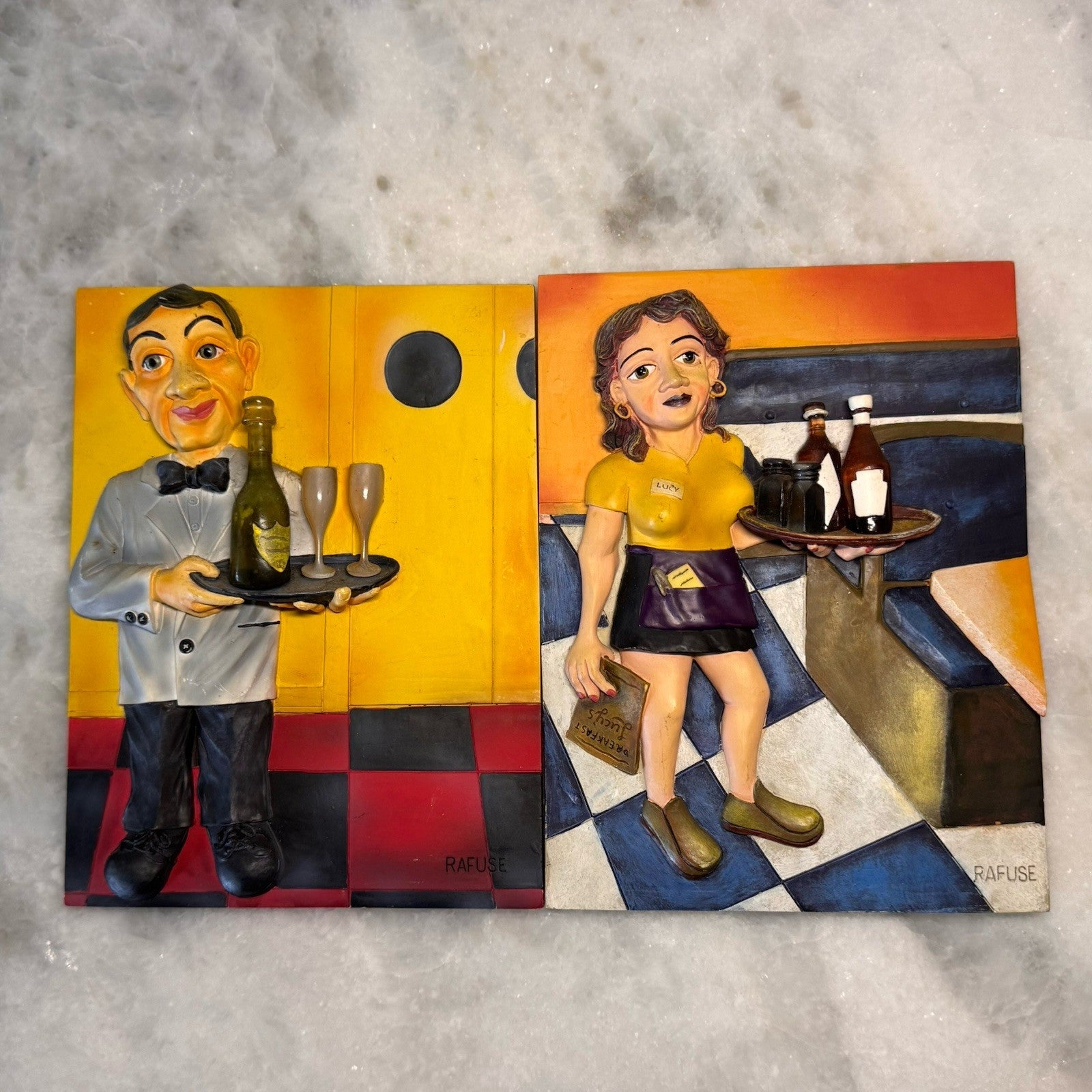 Vintage Peter Rafuse 3D Wall Plaque Set Whimsical Waitress Lucy & Waiter Resin