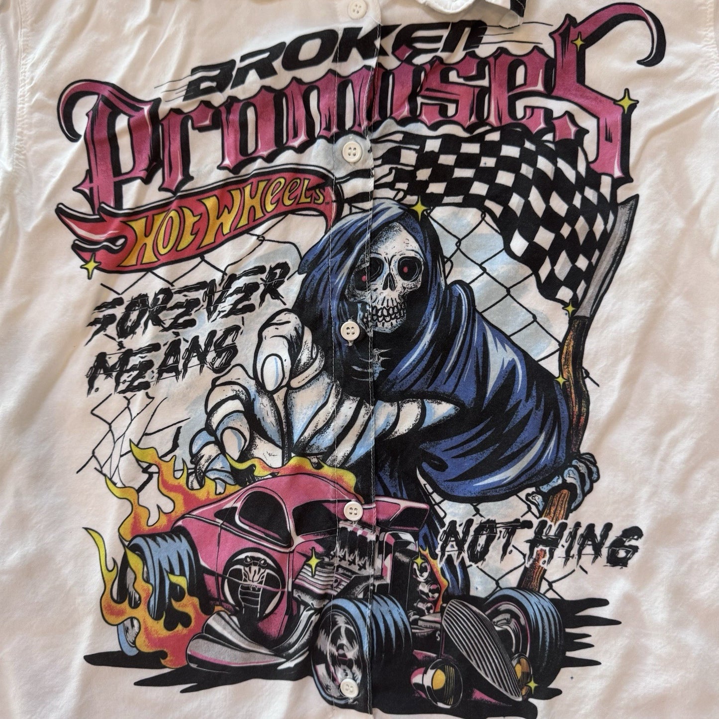 Broken Promises x Hot Wheels Shirt M Grim Reaper Flame Car Rayon Button-Up 2021
