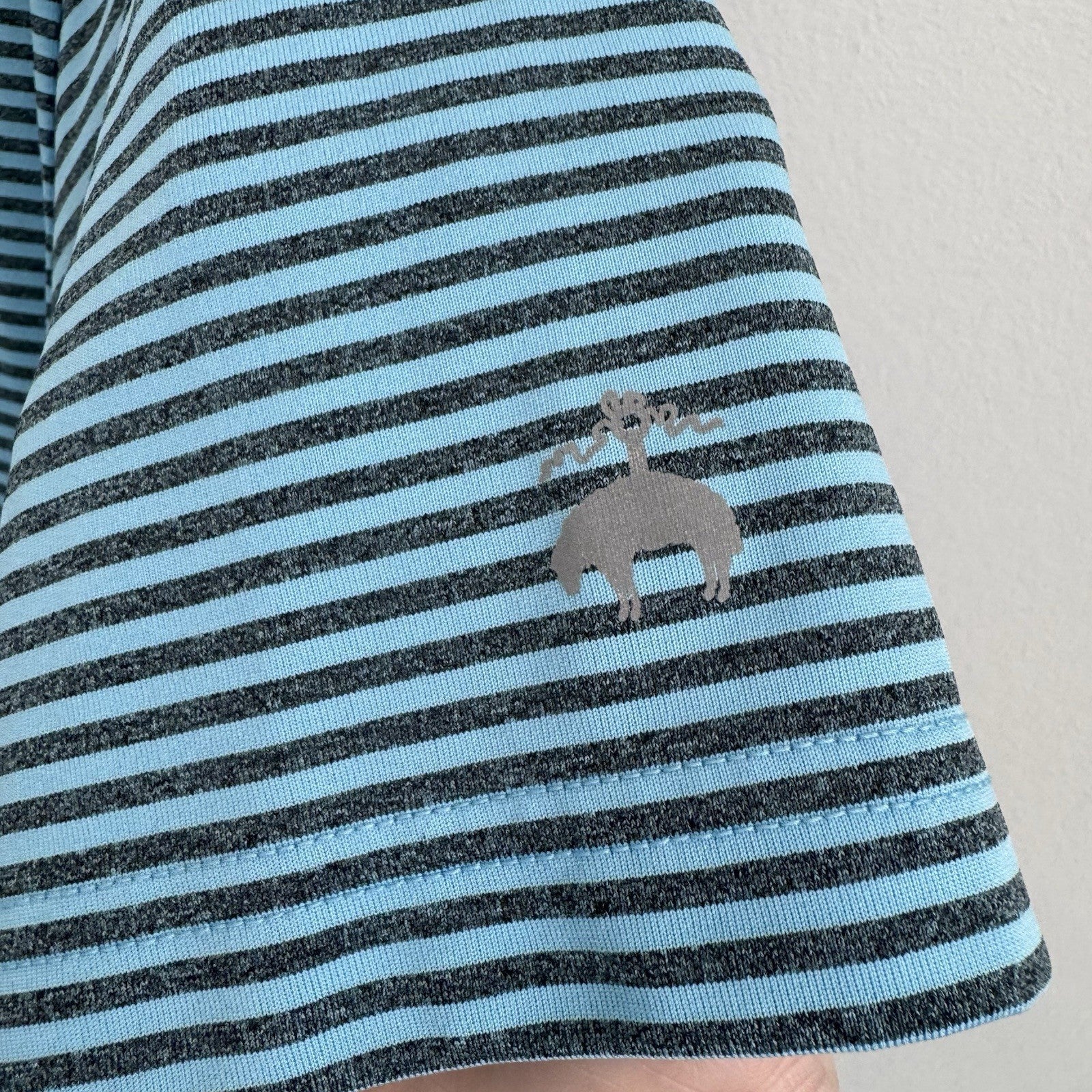 Brooks Brothers Mens Large Polo Shirt Blue Striped Performance Golf Sleeve Logo