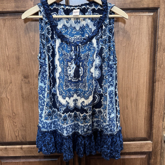 Billabong Women’s Sleeveless Boho Top Large Blue Paisley Print Tassel Tie Blouse
