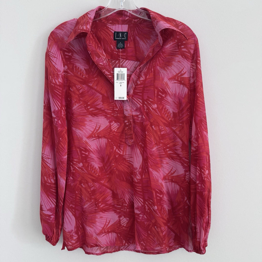 INC Jungle Print Blouse Size 6 Pink Sheer Button Front NWT