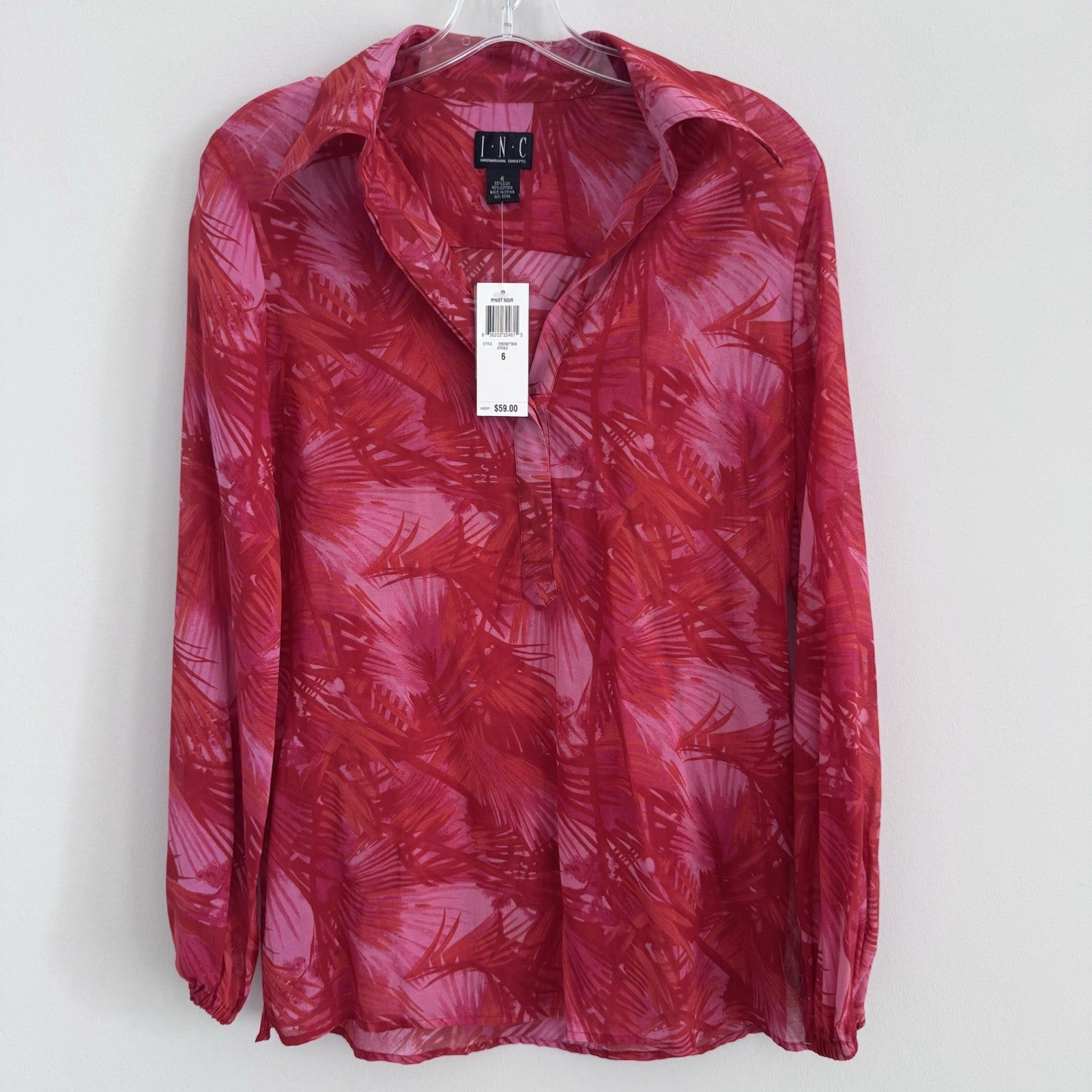 INC Jungle Print Blouse Size 6 Pink Sheer Button Front NWT