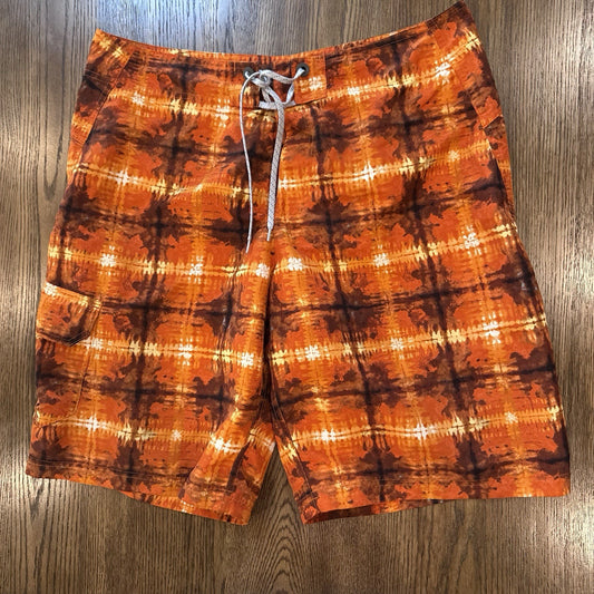Columbia Omni-Shade Swim Trunks Size 34 Orange Tie-Dye Board Shorts UPF