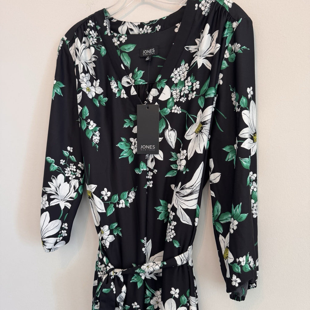 Jones New York NWT Medium Floral V-Neck Midi Dress Black Kelly Green Pockets