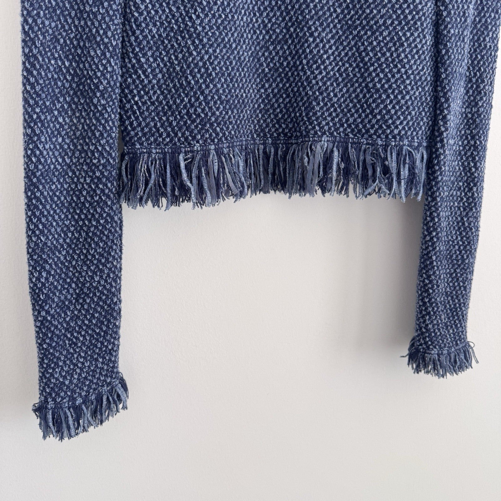 White House Black Market Fringe Knit Cardigan Blue Small Open Front
