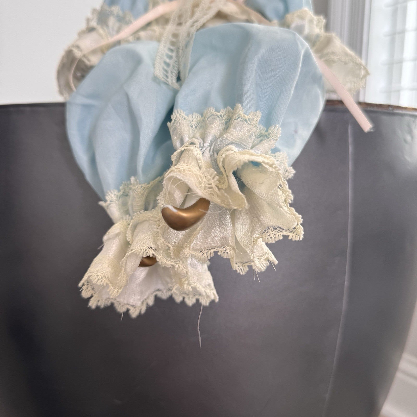 Vintage Porcelain Pierrot Doll Seated Blue Satin Lace French Harlequin 18" Shelf