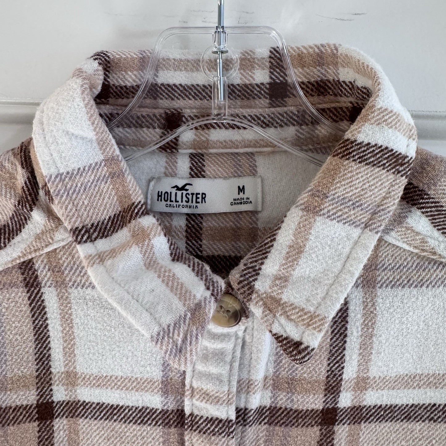 Hollister Plaid Flannel Button Up Shirt Womens Medium Brown Cream