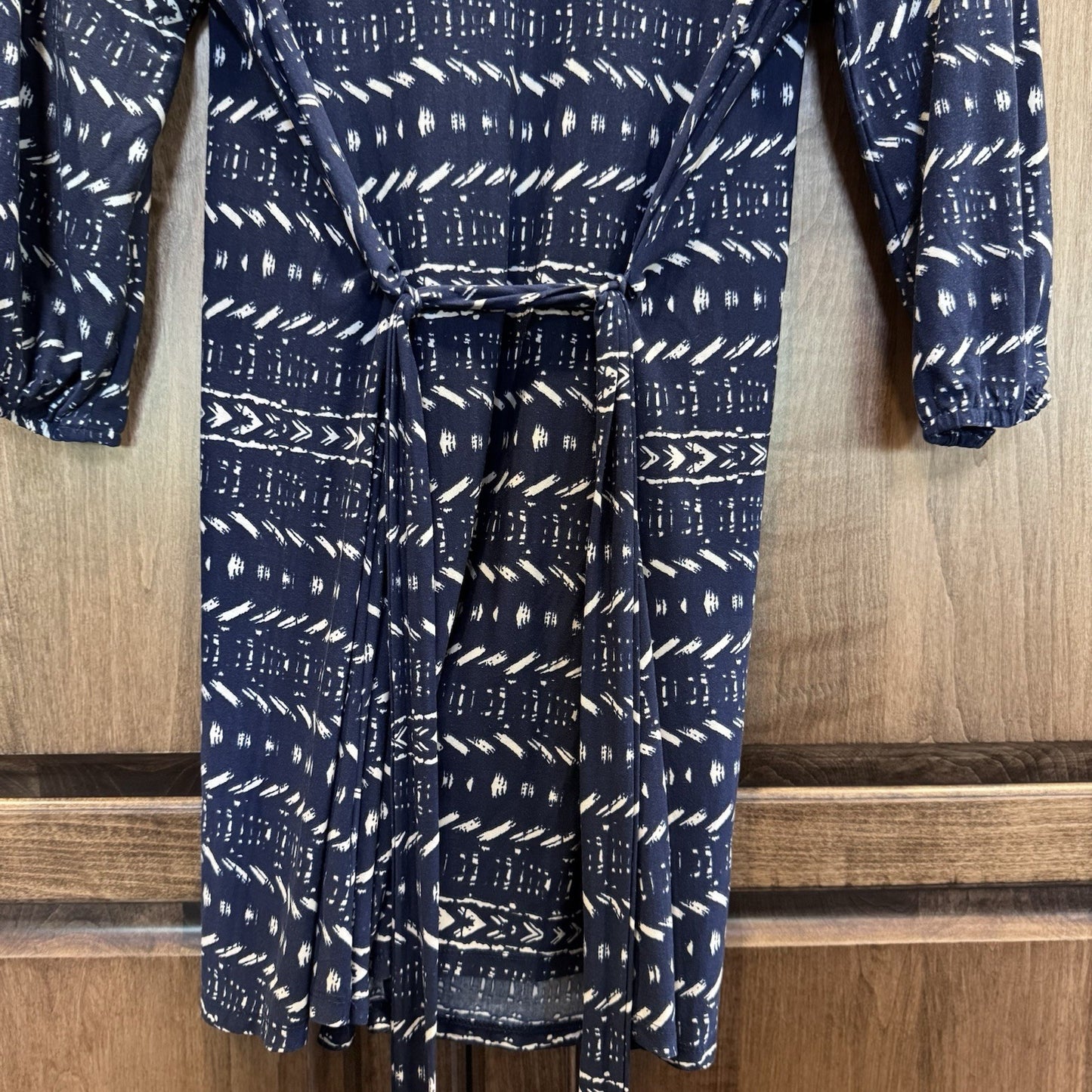 PinkBlush Navy Blue White Abstract Print Maternity Dress Tie Waist 3/4 Sleeve