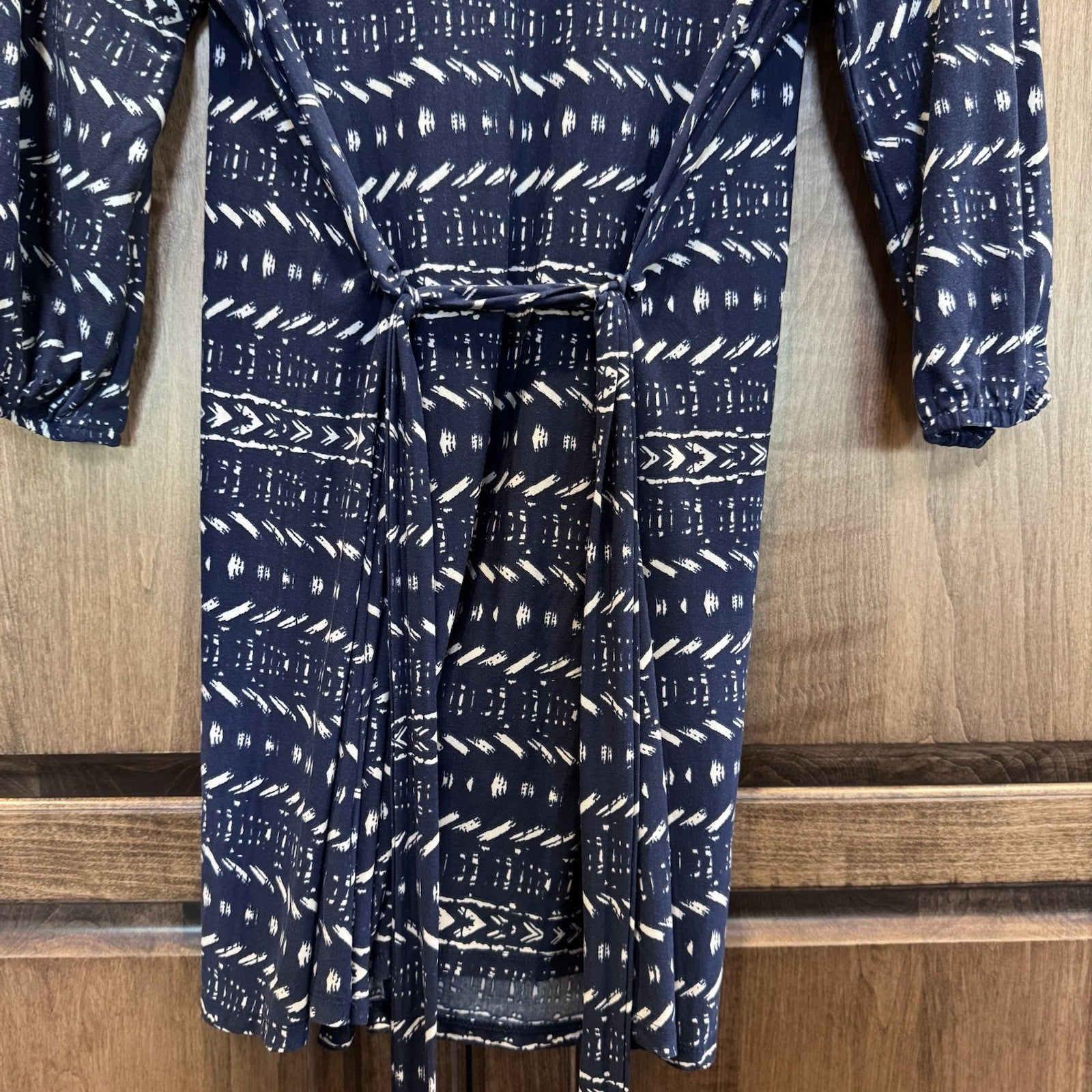 PinkBlush Navy Blue White Abstract Print Maternity Dress Tie Waist 3/4 Sleeve