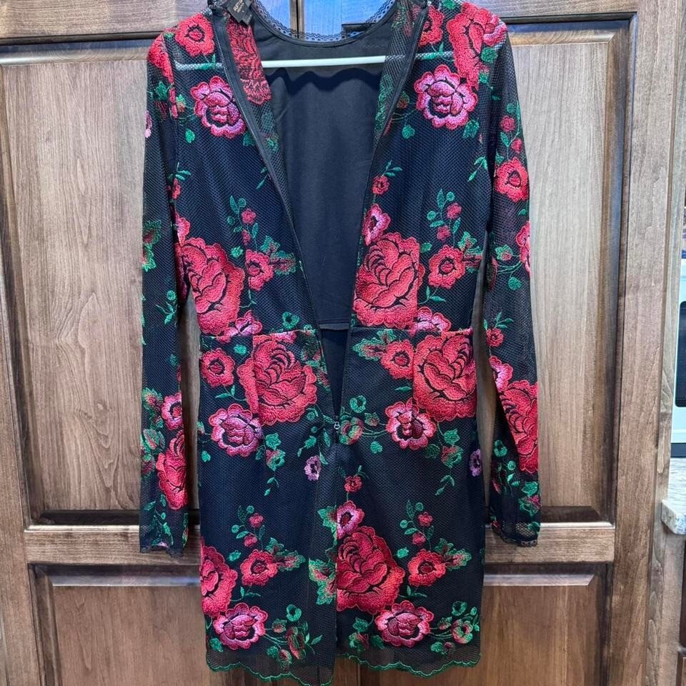 Nasty Gal Collection Floral Mesh Mini Dress Long Sleeve Black Red Green Size S