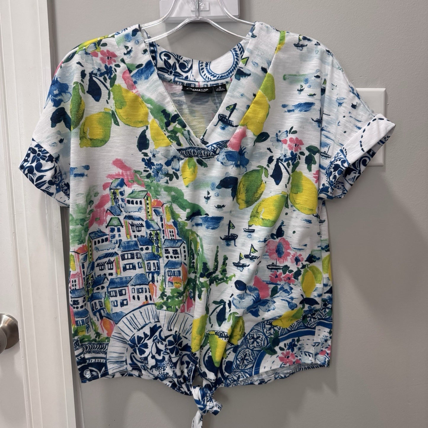 Onque Casual Lemon Village Print Tie Front Blouse Top Small S RN#129494