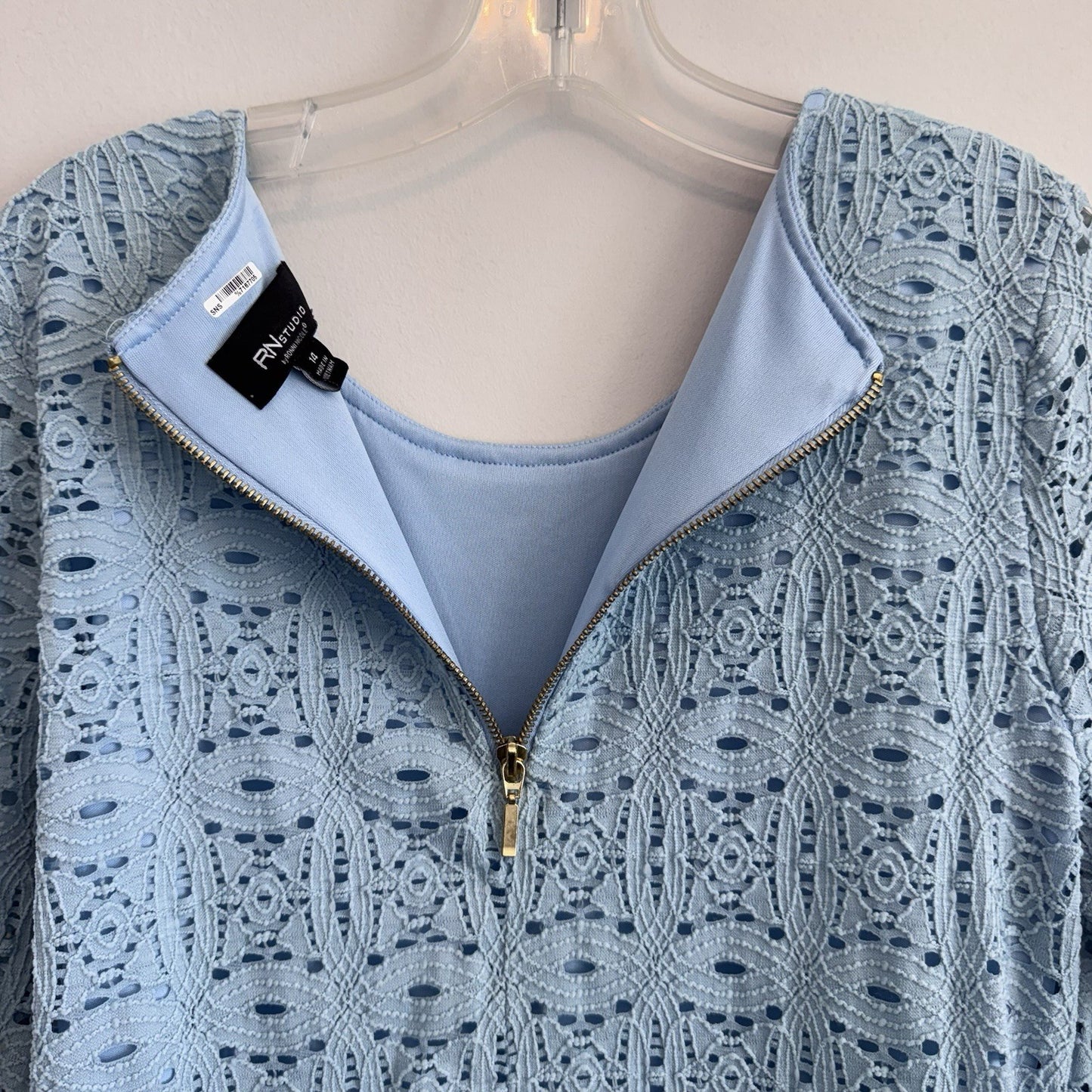 RN Studio Blue Lace Shift Dress Women’s Size 14 Bell Sleeve Lined Zip Back