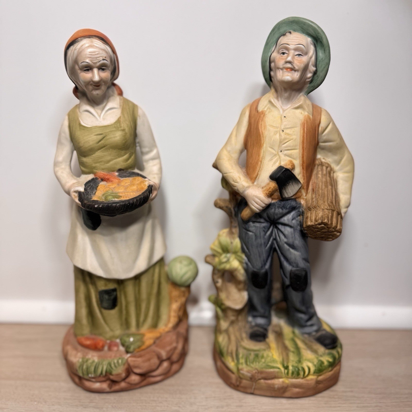 Vintage UCGC Old Couple Figurine Lot Porcelain Farmer & Wife Rustic Harvest 12"