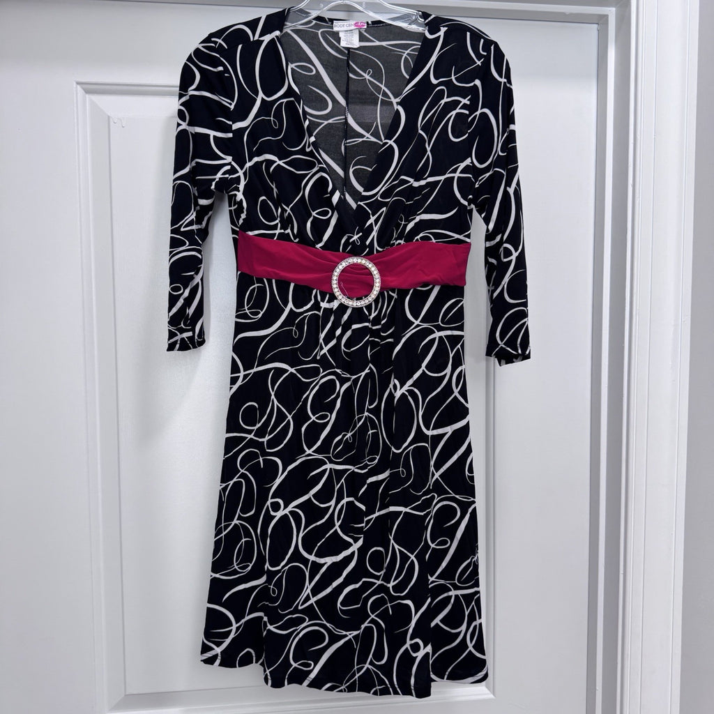 Body Central Y2K Black White Print Dress M Pink Belt Rhinestone Buckle USA Made