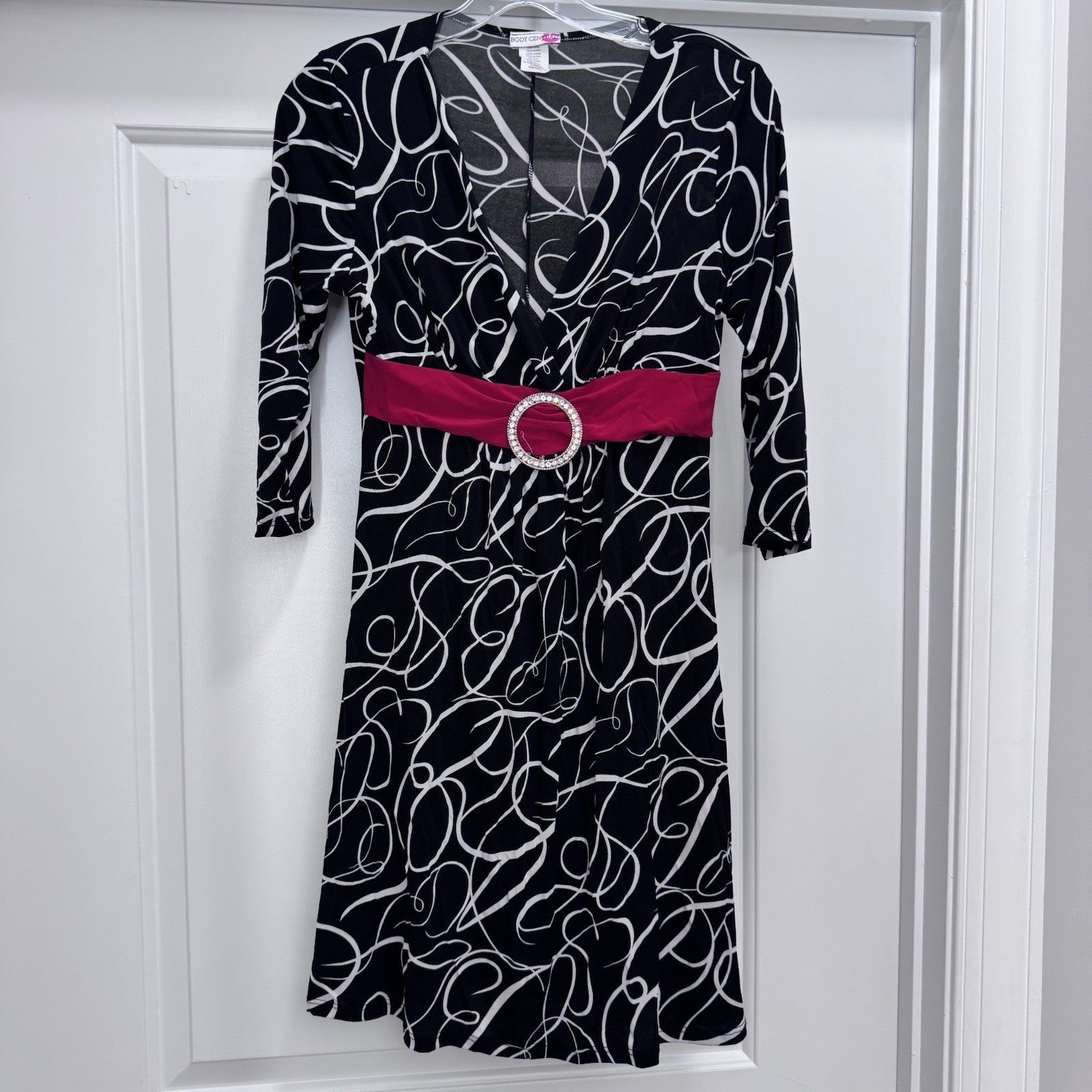 Body Central Y2K Black White Print Dress M Pink Belt Rhinestone Buckle USA Made