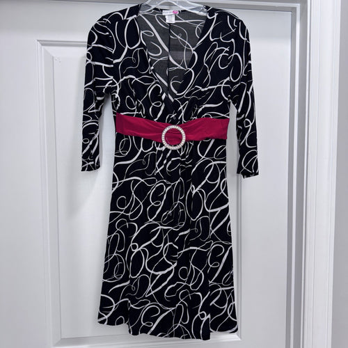 Body Central Y2K Black White Print Dress M Pink Belt Rhinestone Buckle USA Made
