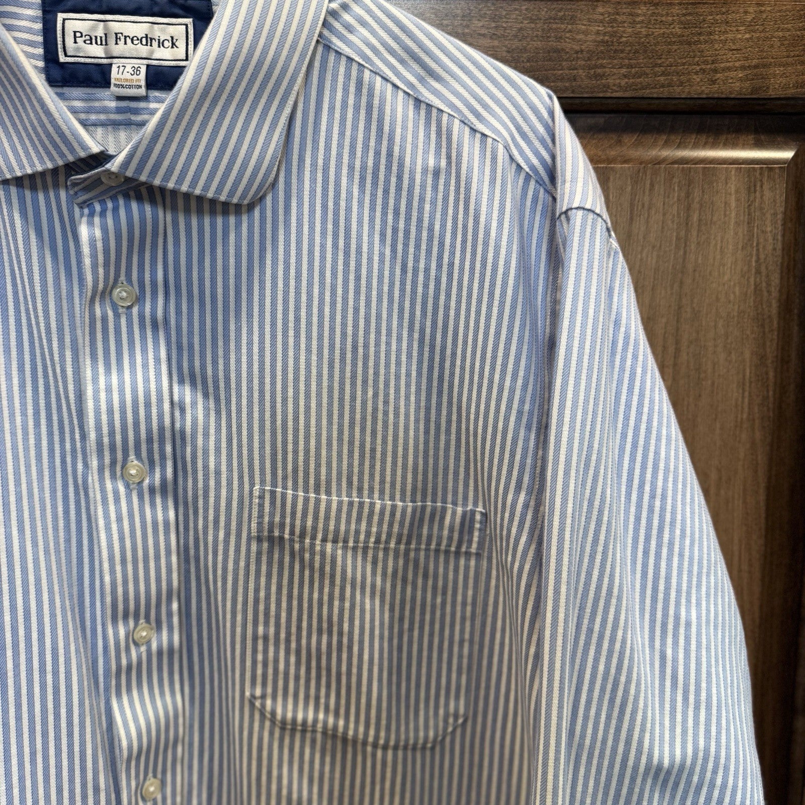 Paul Fredrick Men’s Dress Shirt 17-36 Tailored Fit Blue White Stripe