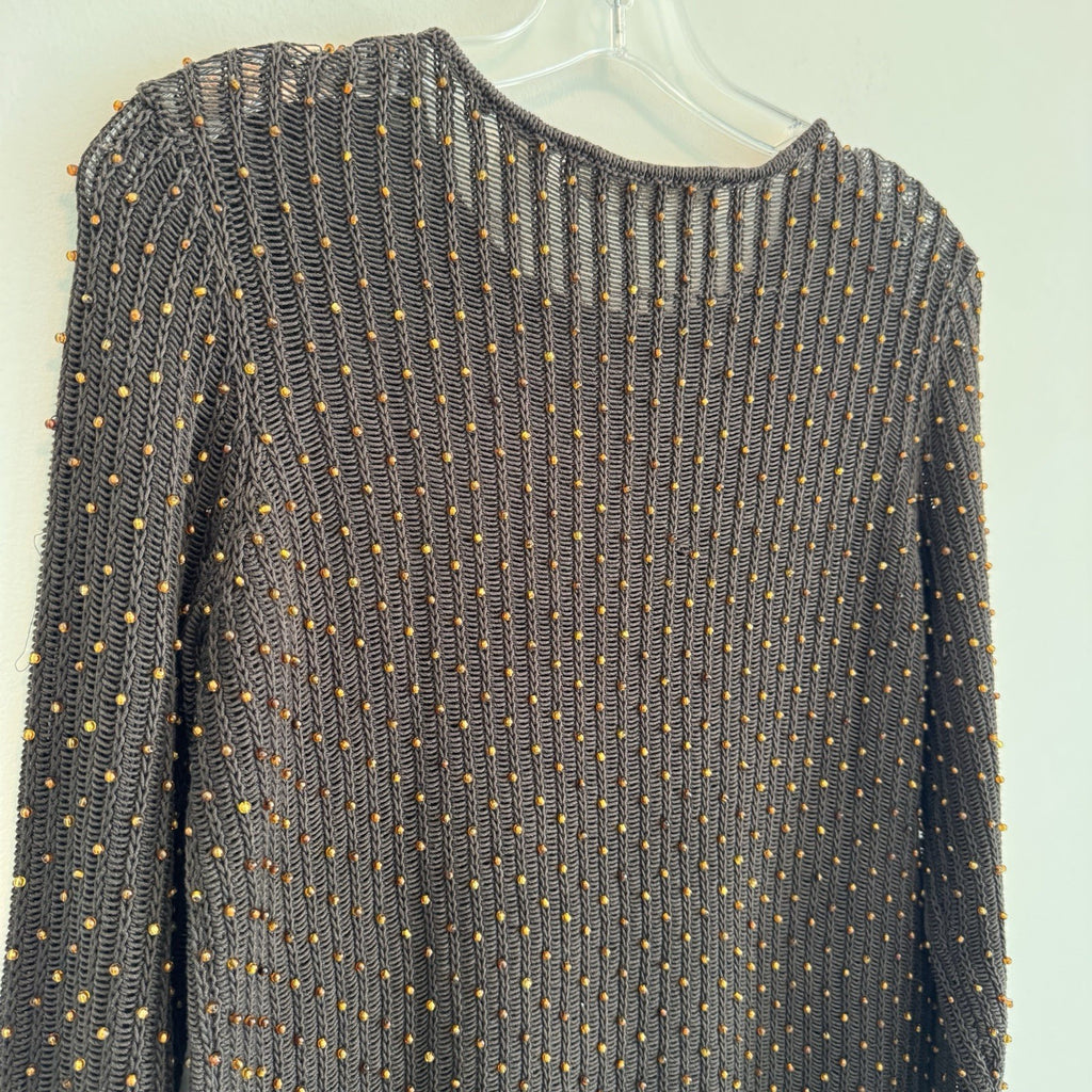 Dana Buchman Womens M Brown Beaded Open Knit Sweater Long Sleeve Crochet