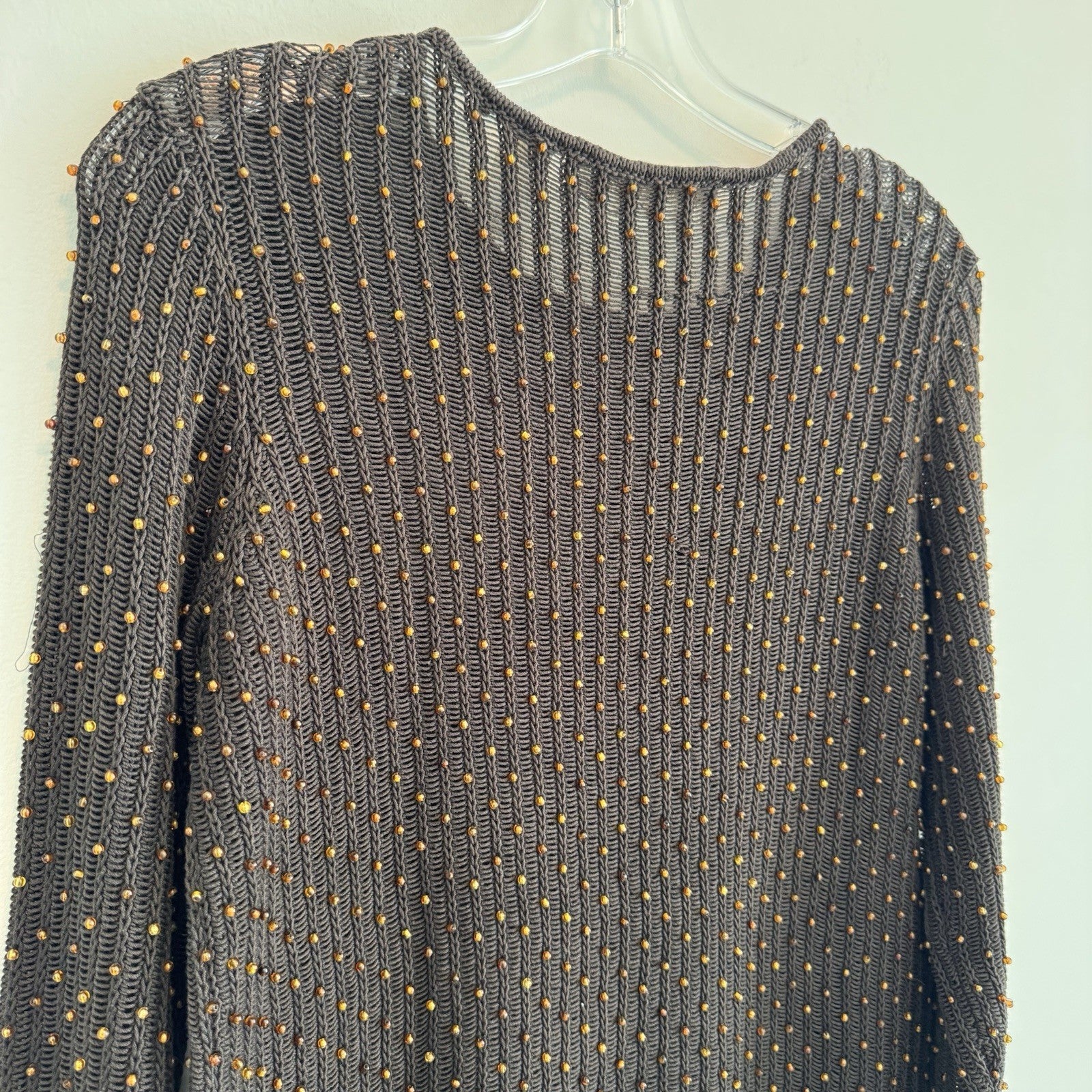 Dana Buchman Womens M Brown Beaded Open Knit Sweater Long Sleeve Crochet