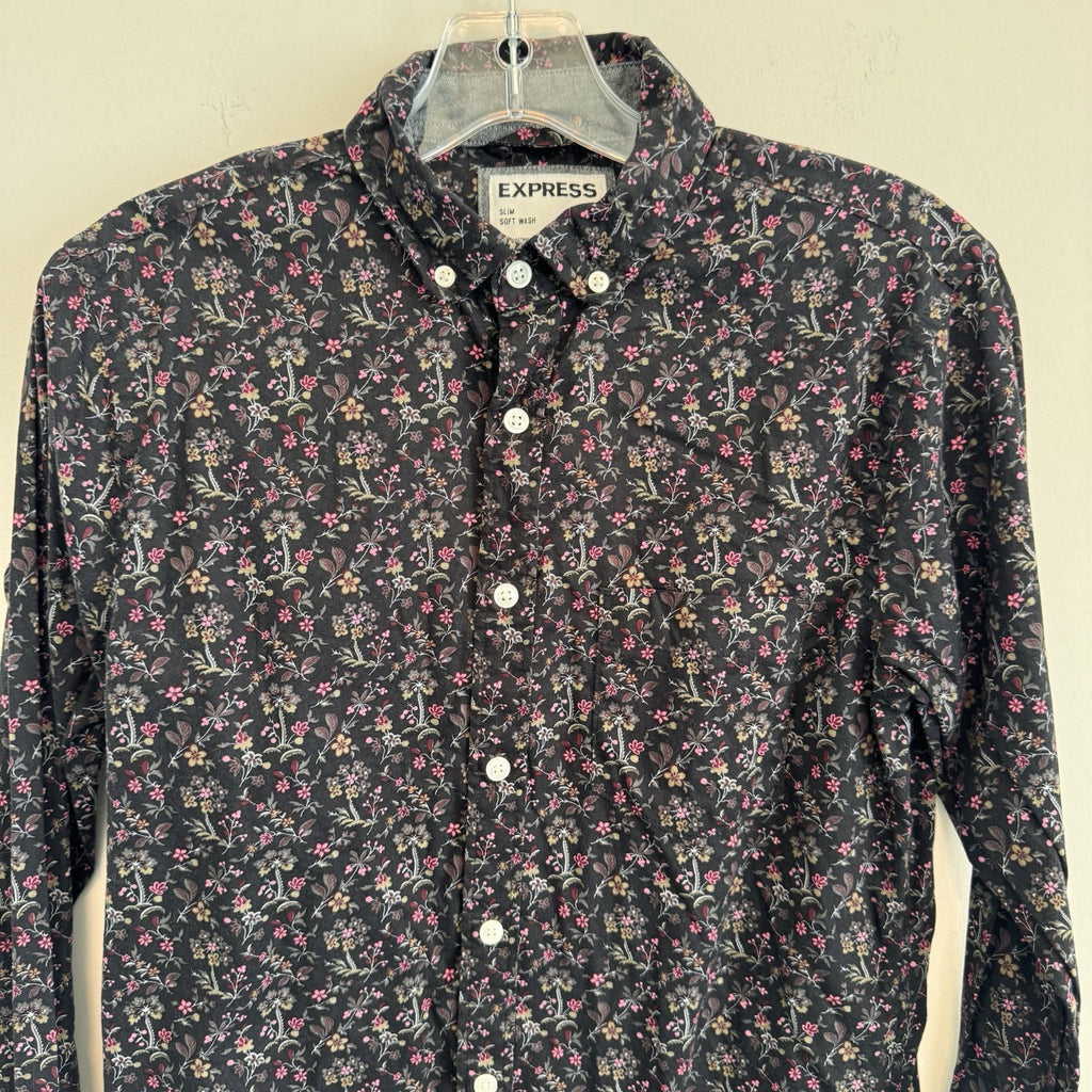 Express Mens M Extra Slim Fit Floral Button Up Shirt Stretch Cotton Black