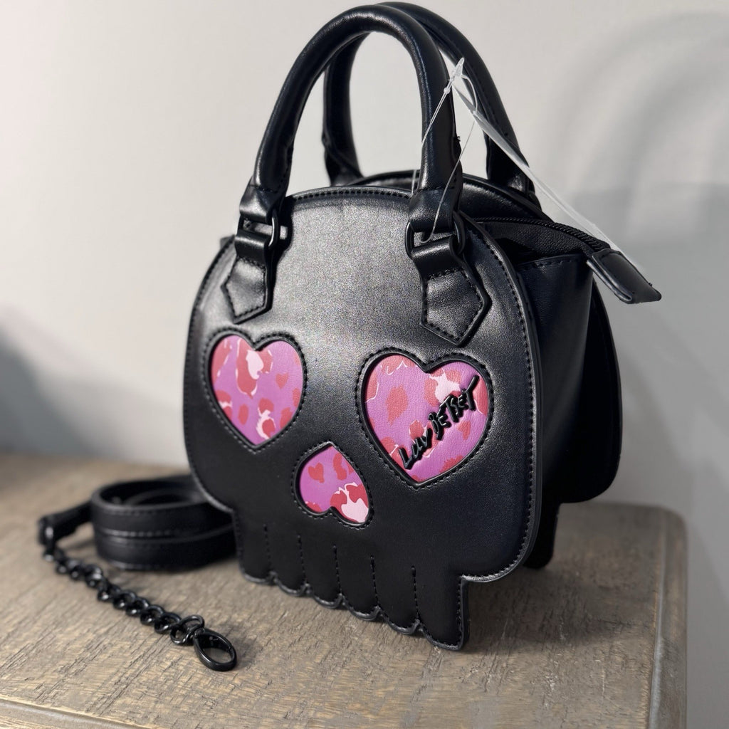 Luv Betsey Johnson Skull Crossbody Satchel Purse Black Pink Heart Eyes NWT Goth
