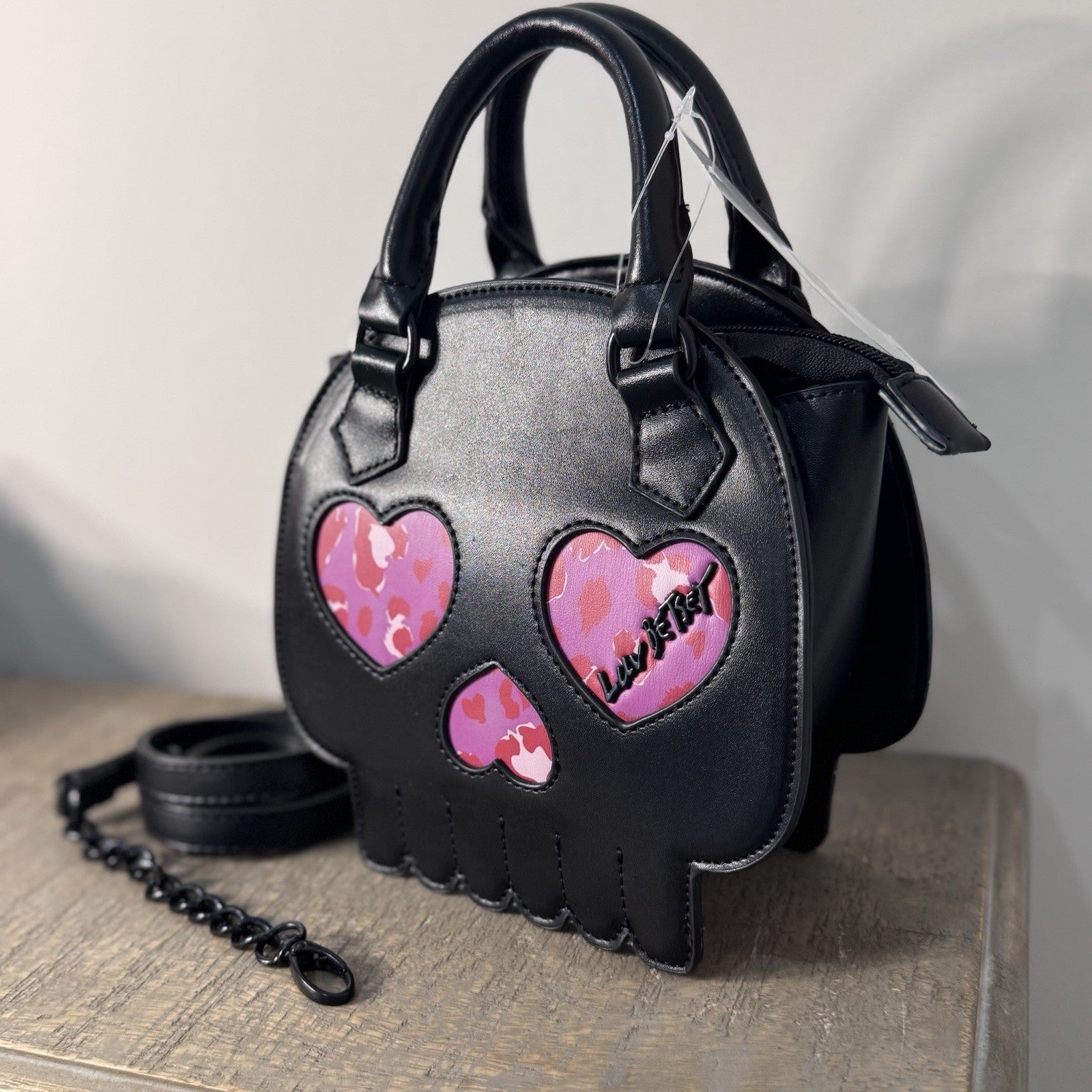 Luv Betsey Johnson Skull Crossbody Satchel Purse Black Pink Heart Eyes NWT Goth