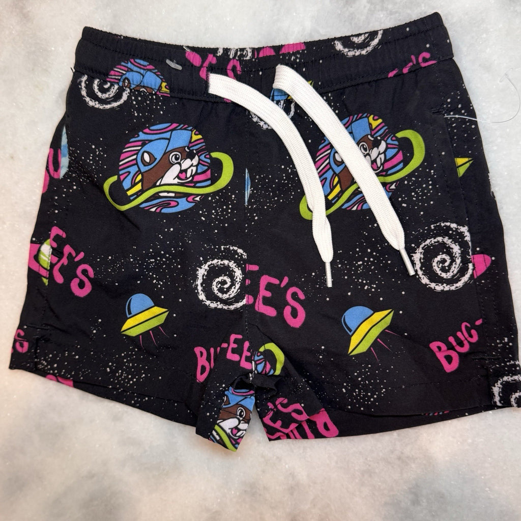 Buc-ee's Baby Boys Swim Trunks 12-18M Black Space Galaxy Beaver UFO Rocket 12-18
