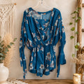 Free People We The Free XS Blue Floral Boho Mini Dress Bell Sleeve Rayon Womens