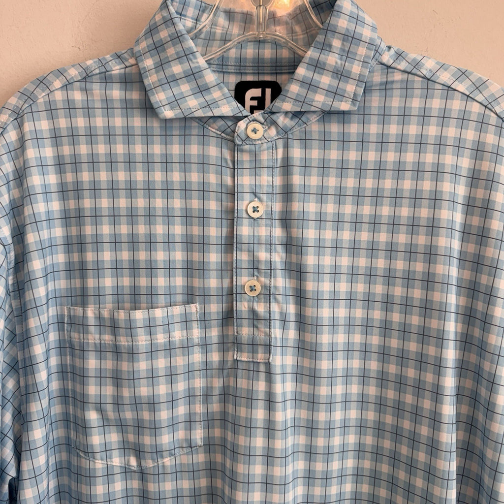 FJ Golf Polo Shirt Mens Large Blue White Gingham Plaid Performance Pocket