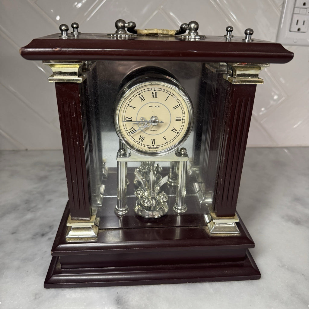 Wallace Silversmiths Quartz Mantel Clock Wooden Glass Desk Shelf Decor 80s VTG
