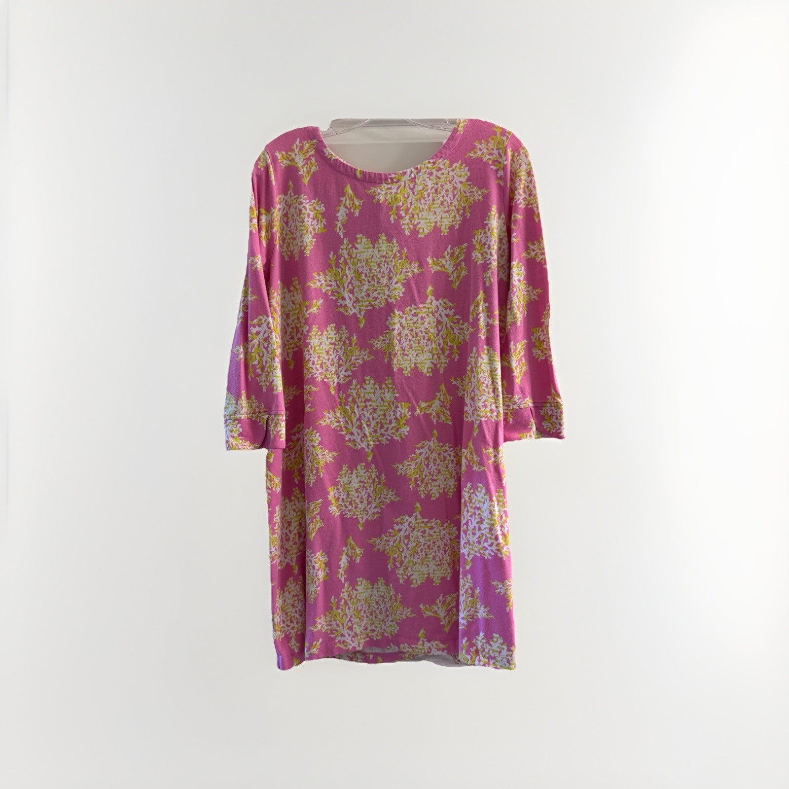 Crown & Ivy Womens Pink Coral Print Dress LARGE 3/4 Sleeve Back Zip Cotton Modal