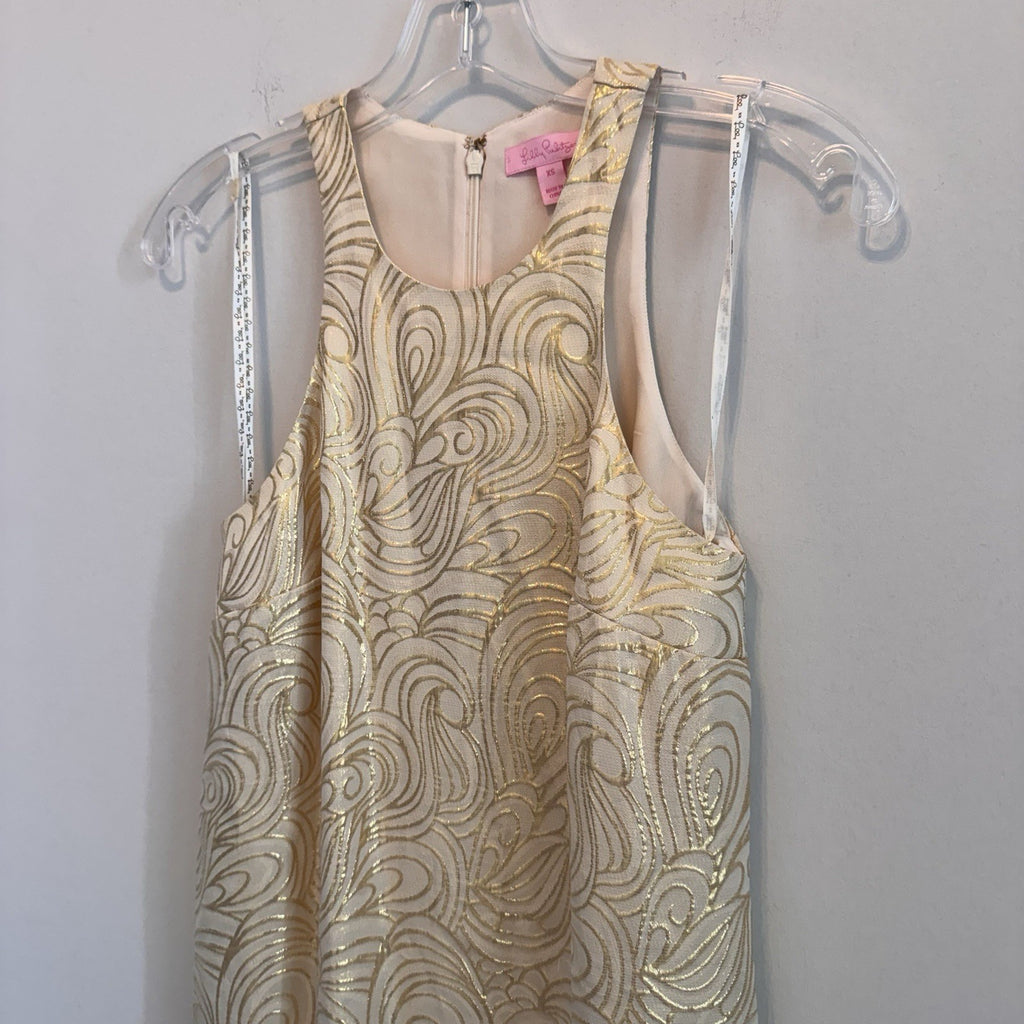 Lilly Pulitzer XS Silk Gold Metallic Fil Coupe Shift Dress Sequin Fringe Hem