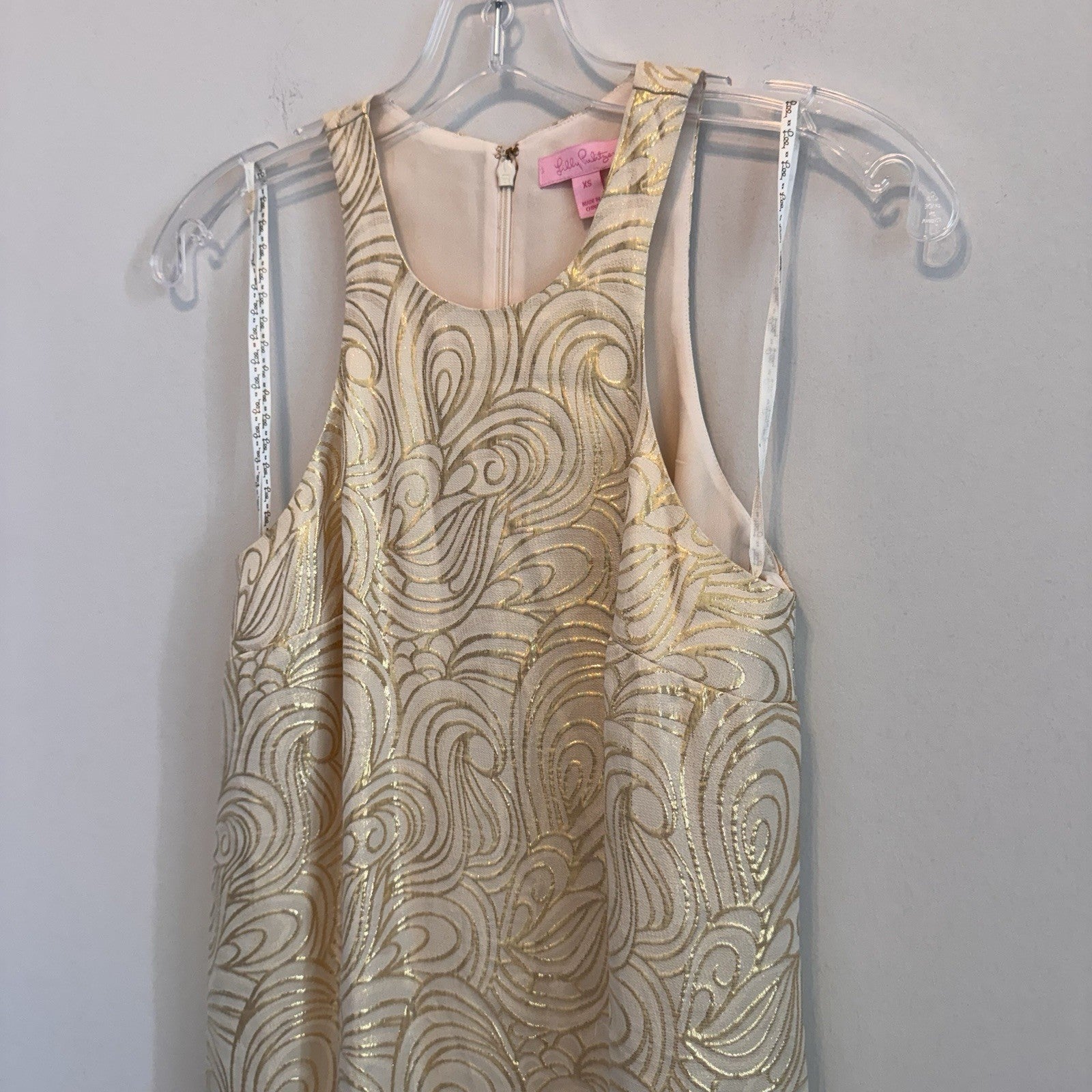 Lilly Pulitzer XS Silk Gold Metallic Fil Coupe Shift Dress Sequin Fringe Hem